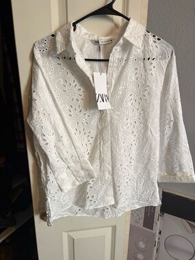 Zara White Eyelet Button-Up Blouse